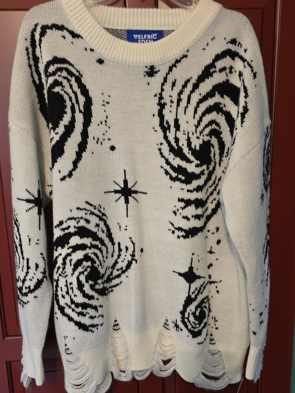 Aelfric Eden White and Black Galaxy Distressed Crewneck Sweater